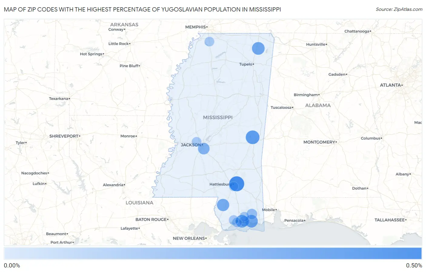 Zip Codes with the Highest Percentage of Yugoslavian Population in Mississippi Map