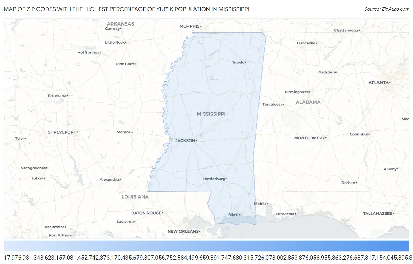 Zip Codes with the Highest Percentage of Yup'ik Population in Mississippi Map