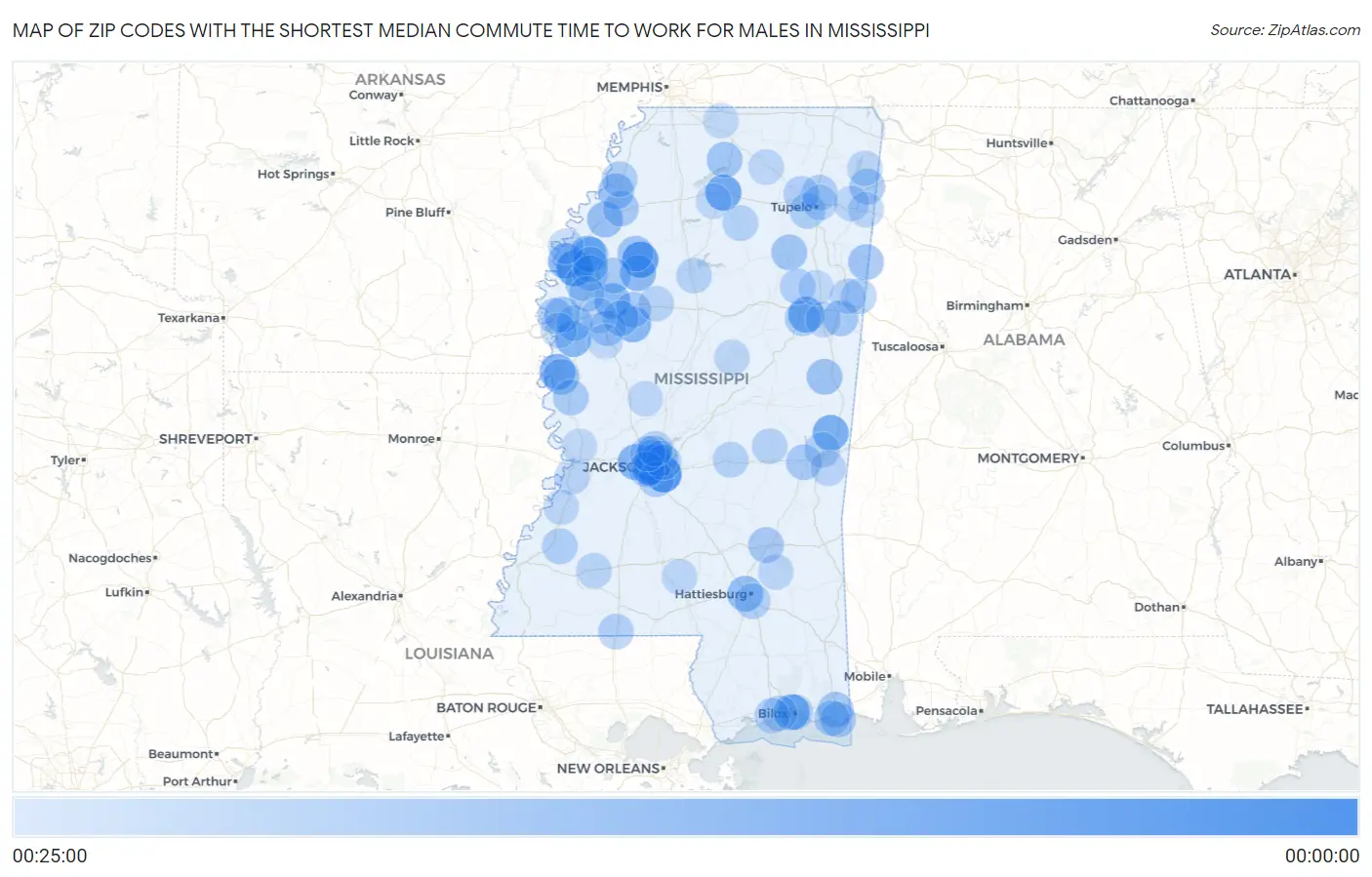 Zip Codes with the Shortest Median Commute Time to Work for Males in Mississippi Map