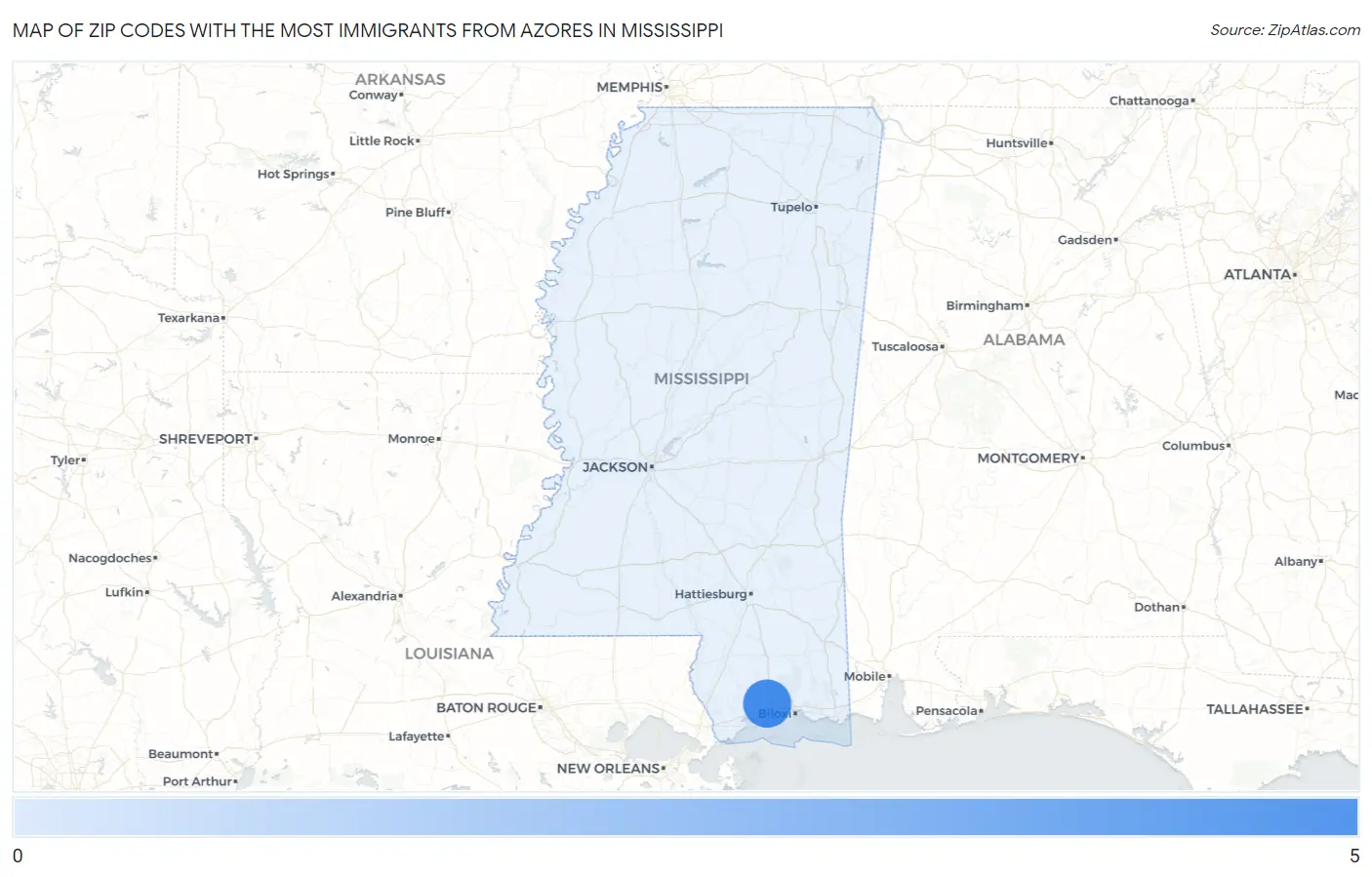 Zip Codes with the Most Immigrants from Azores in Mississippi Map