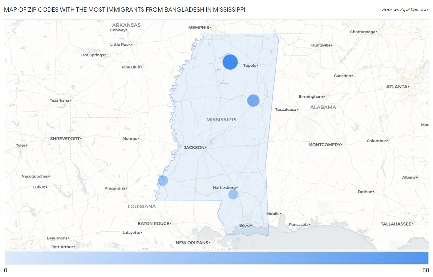 Zip Codes with the Most Immigrants from Bangladesh in Mississippi Map