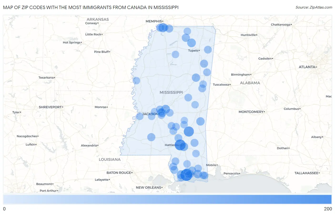 Zip Codes with the Most Immigrants from Canada in Mississippi Map