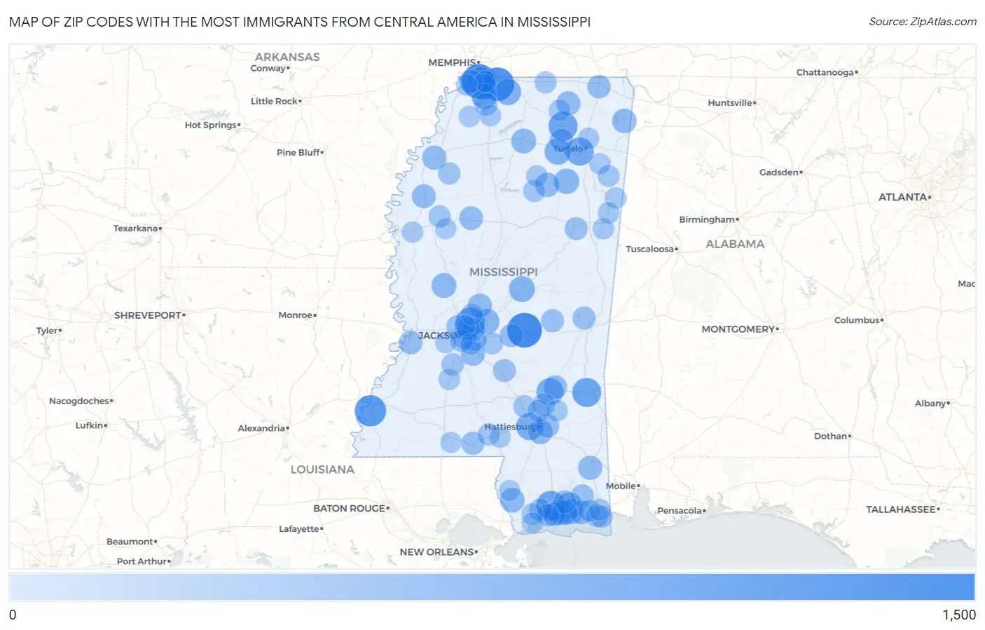 Zip Codes with the Most Immigrants from Central America in Mississippi Map