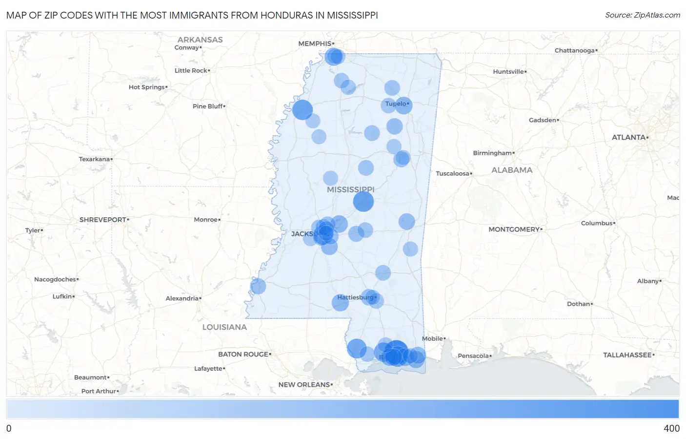 Zip Codes with the Most Immigrants from Honduras in Mississippi Map
