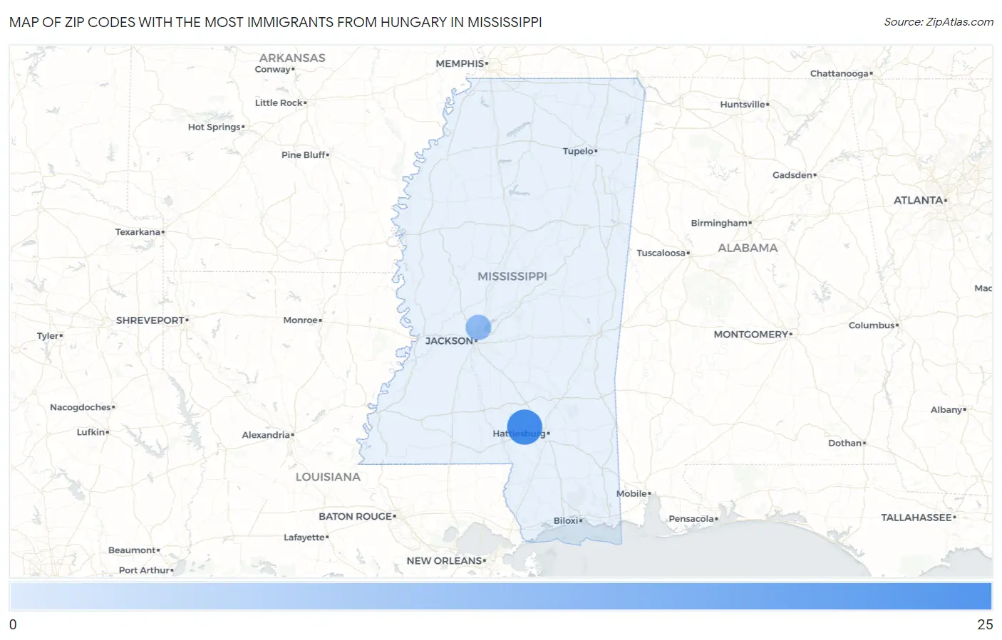 Zip Codes with the Most Immigrants from Hungary in Mississippi Map