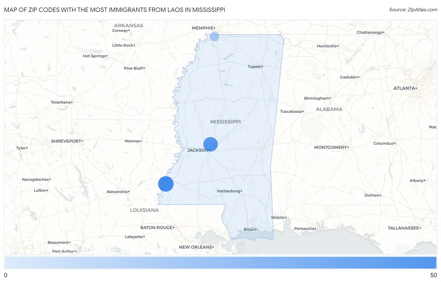 Zip Codes with the Most Immigrants from Laos in Mississippi Map