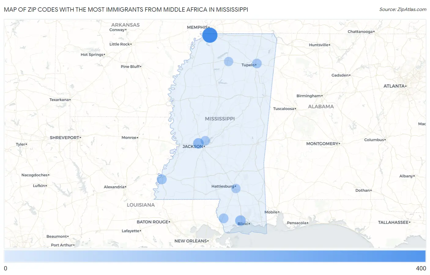 Zip Codes with the Most Immigrants from Middle Africa in Mississippi Map
