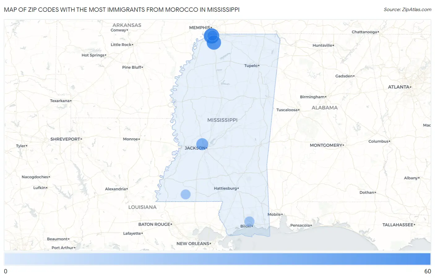 Zip Codes with the Most Immigrants from Morocco in Mississippi Map