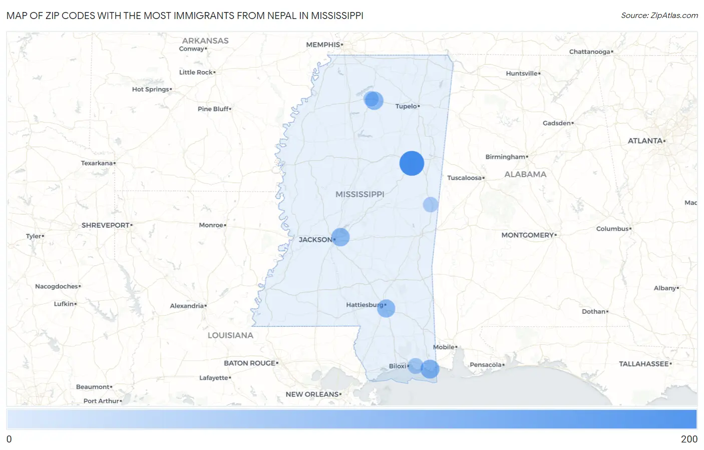 Zip Codes with the Most Immigrants from Nepal in Mississippi Map