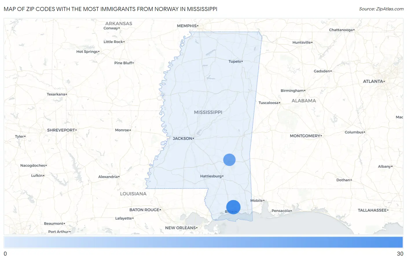 Zip Codes with the Most Immigrants from Norway in Mississippi Map