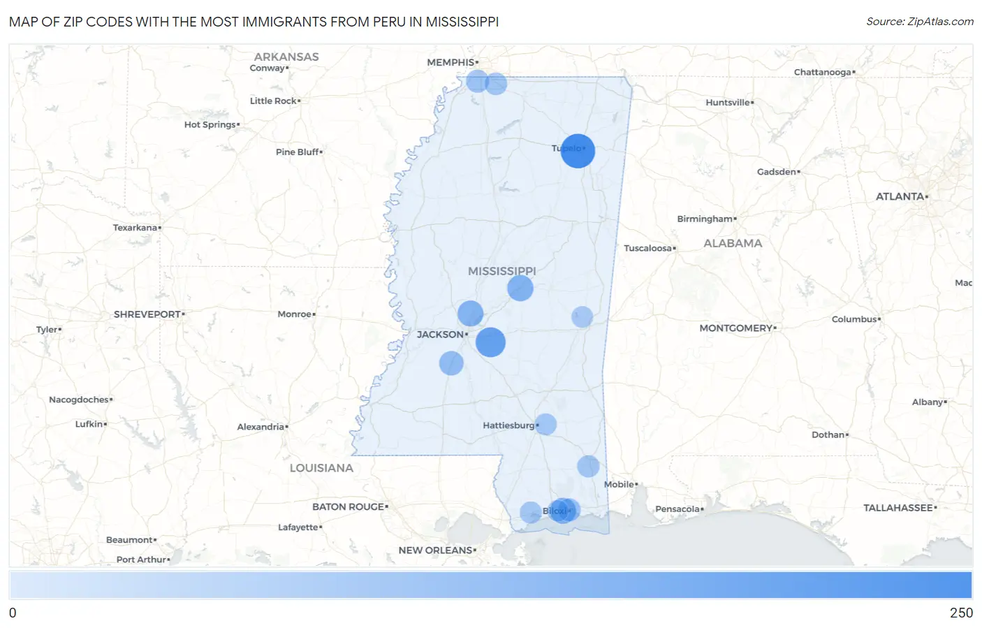 Zip Codes with the Most Immigrants from Peru in Mississippi Map