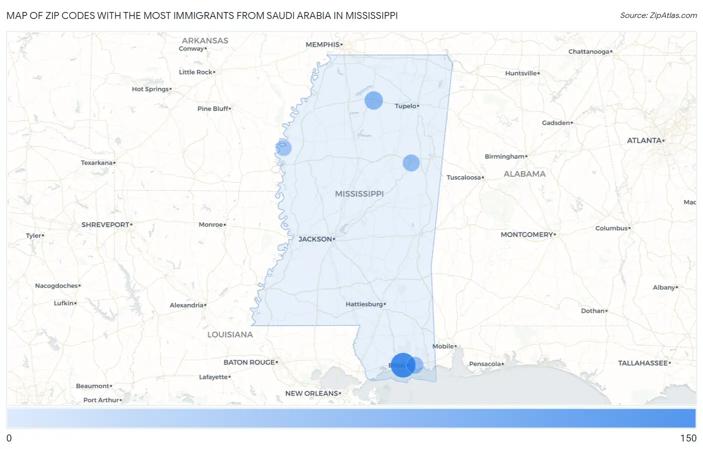 Zip Codes with the Most Immigrants from Saudi Arabia in Mississippi Map