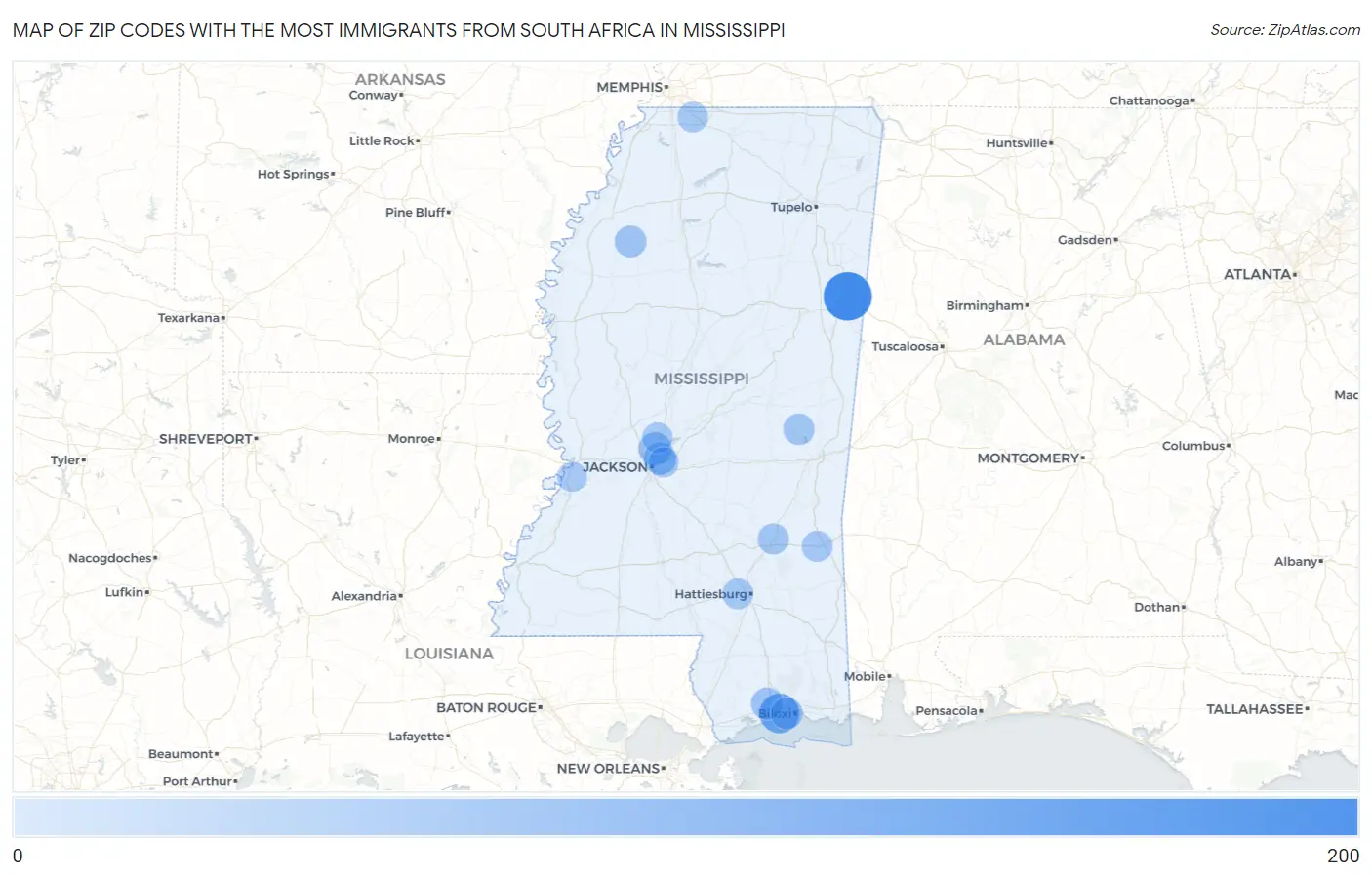 Zip Codes with the Most Immigrants from South Africa in Mississippi Map