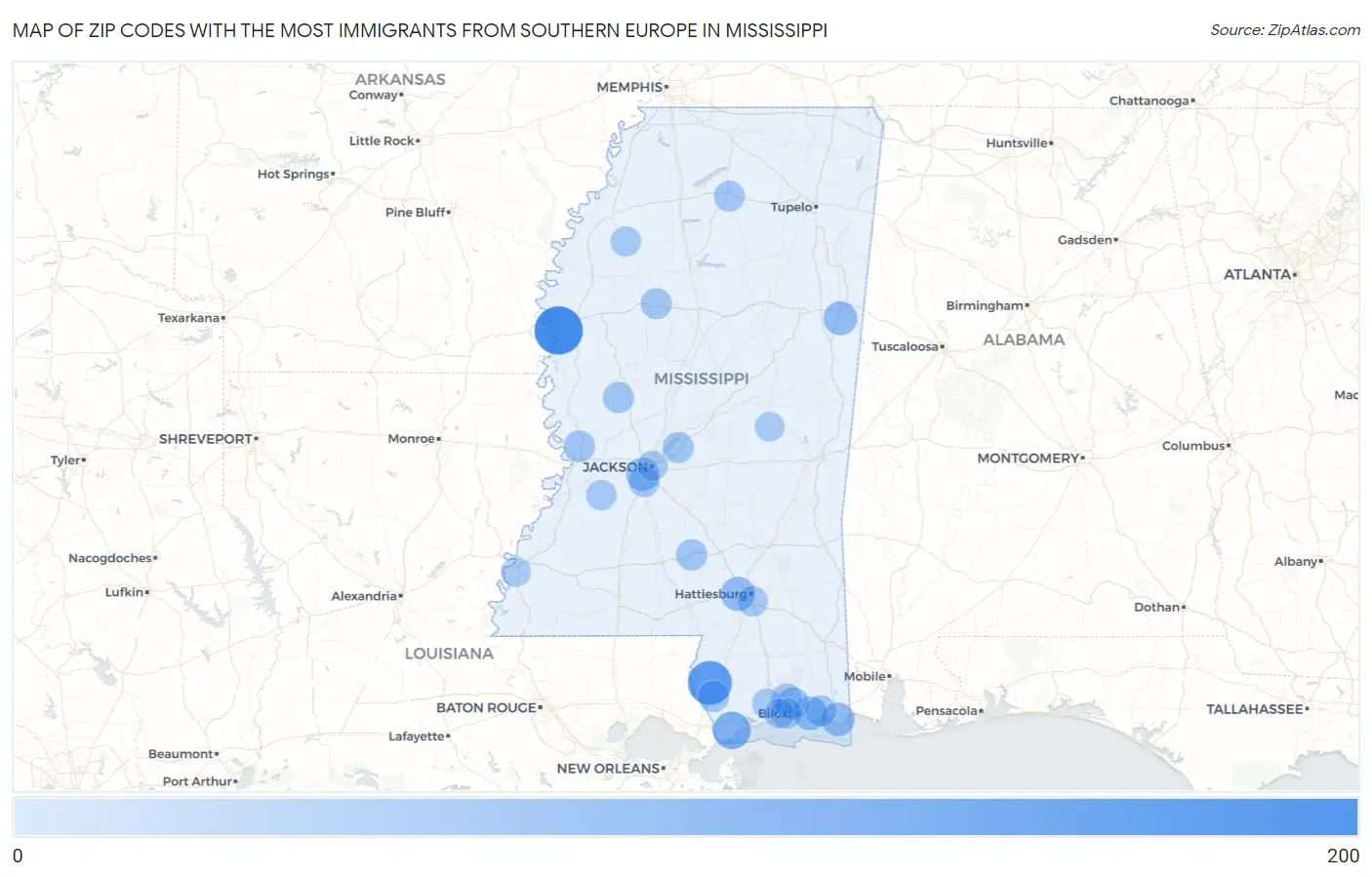 Zip Codes with the Most Immigrants from Southern Europe in Mississippi Map