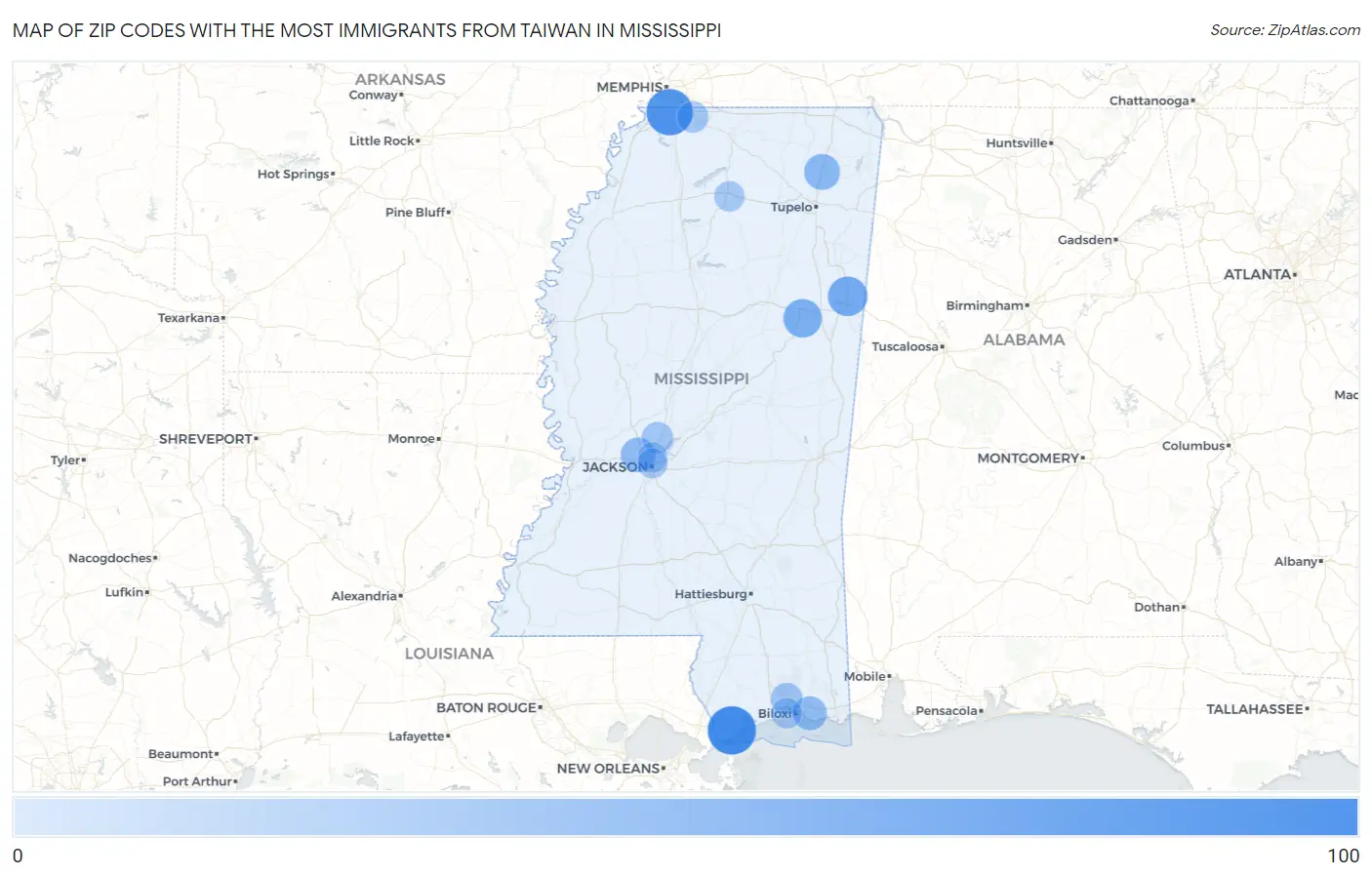 Zip Codes with the Most Immigrants from Taiwan in Mississippi Map