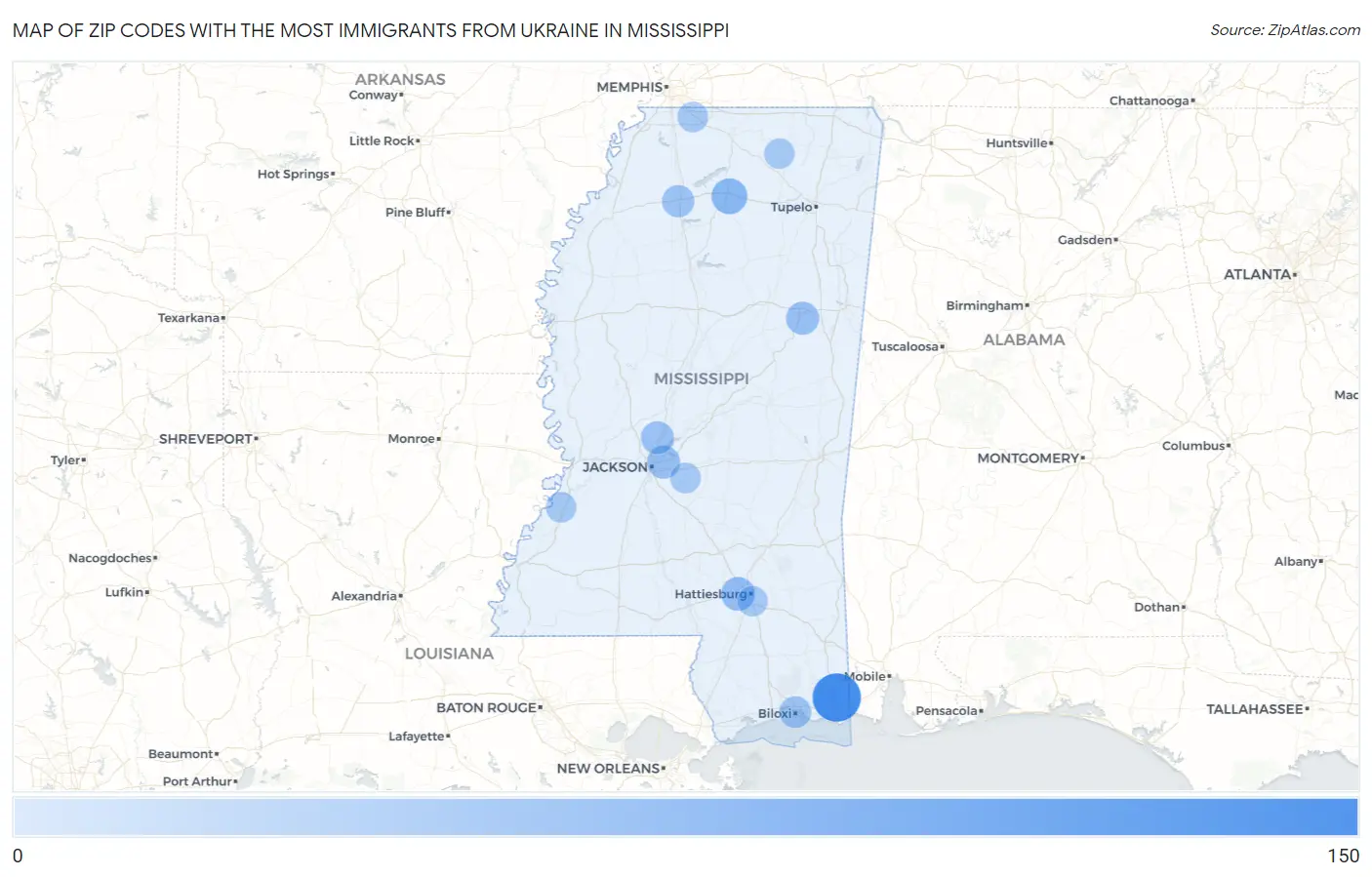 Zip Codes with the Most Immigrants from Ukraine in Mississippi Map