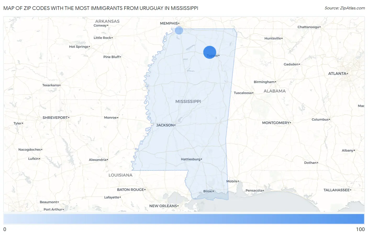 Zip Codes with the Most Immigrants from Uruguay in Mississippi Map