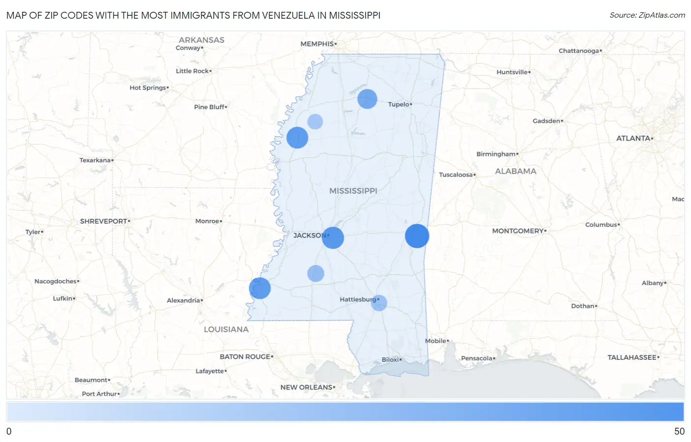 Zip Codes with the Most Immigrants from Venezuela in Mississippi Map