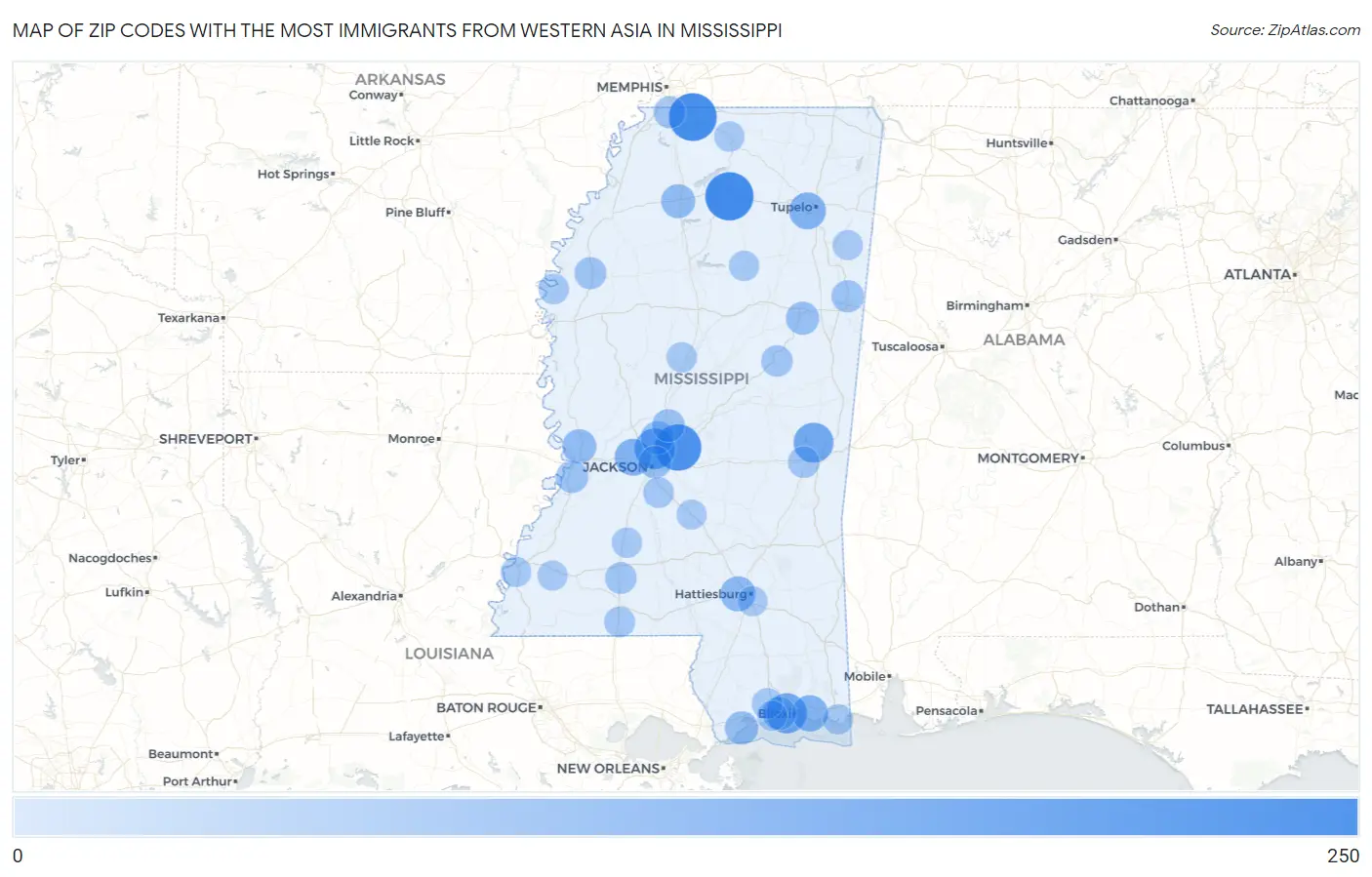 Zip Codes with the Most Immigrants from Western Asia in Mississippi Map