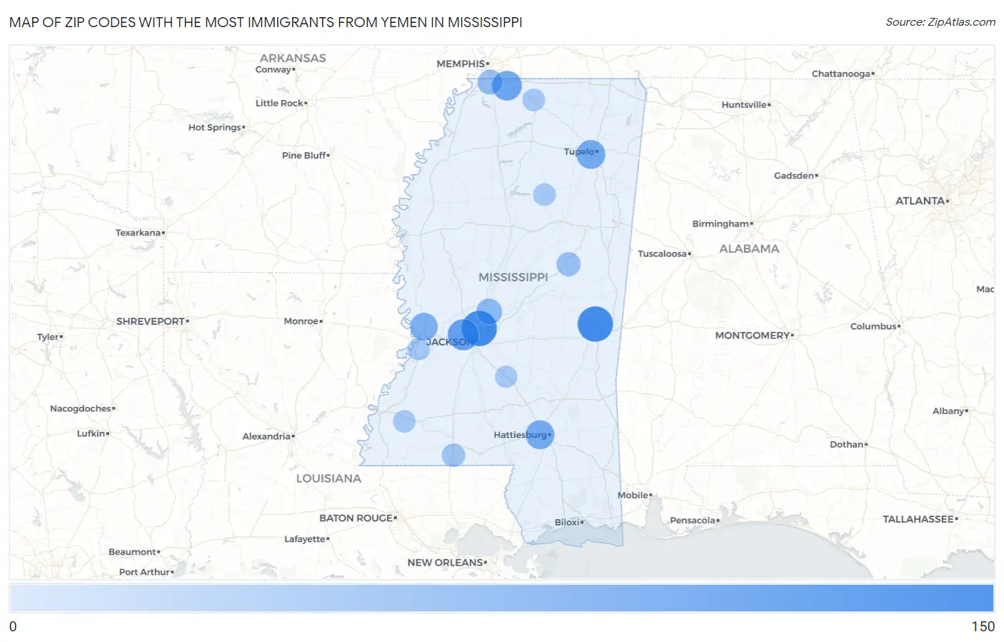 Zip Codes with the Most Immigrants from Yemen in Mississippi Map