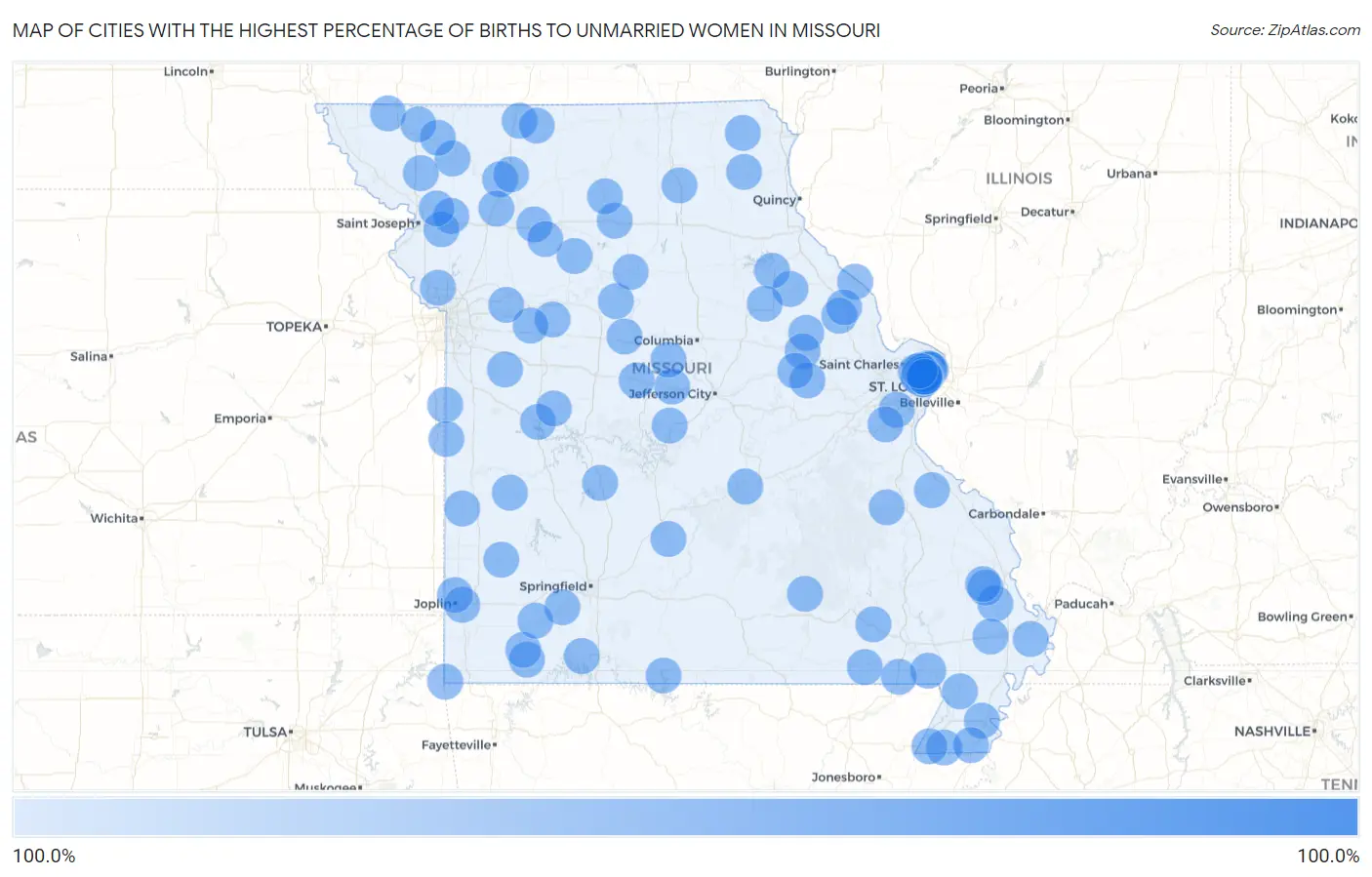 Cities with the Highest Percentage of Births to Unmarried Women in Missouri Map