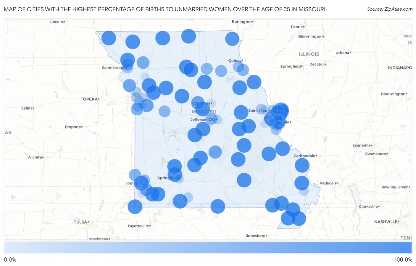 Cities with the Highest Percentage of Births to Unmarried Women over the Age of 35 in Missouri Map