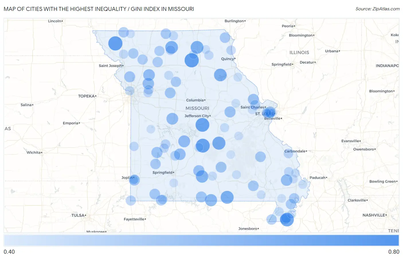 Cities with the Highest Inequality / Gini Index in Missouri Map