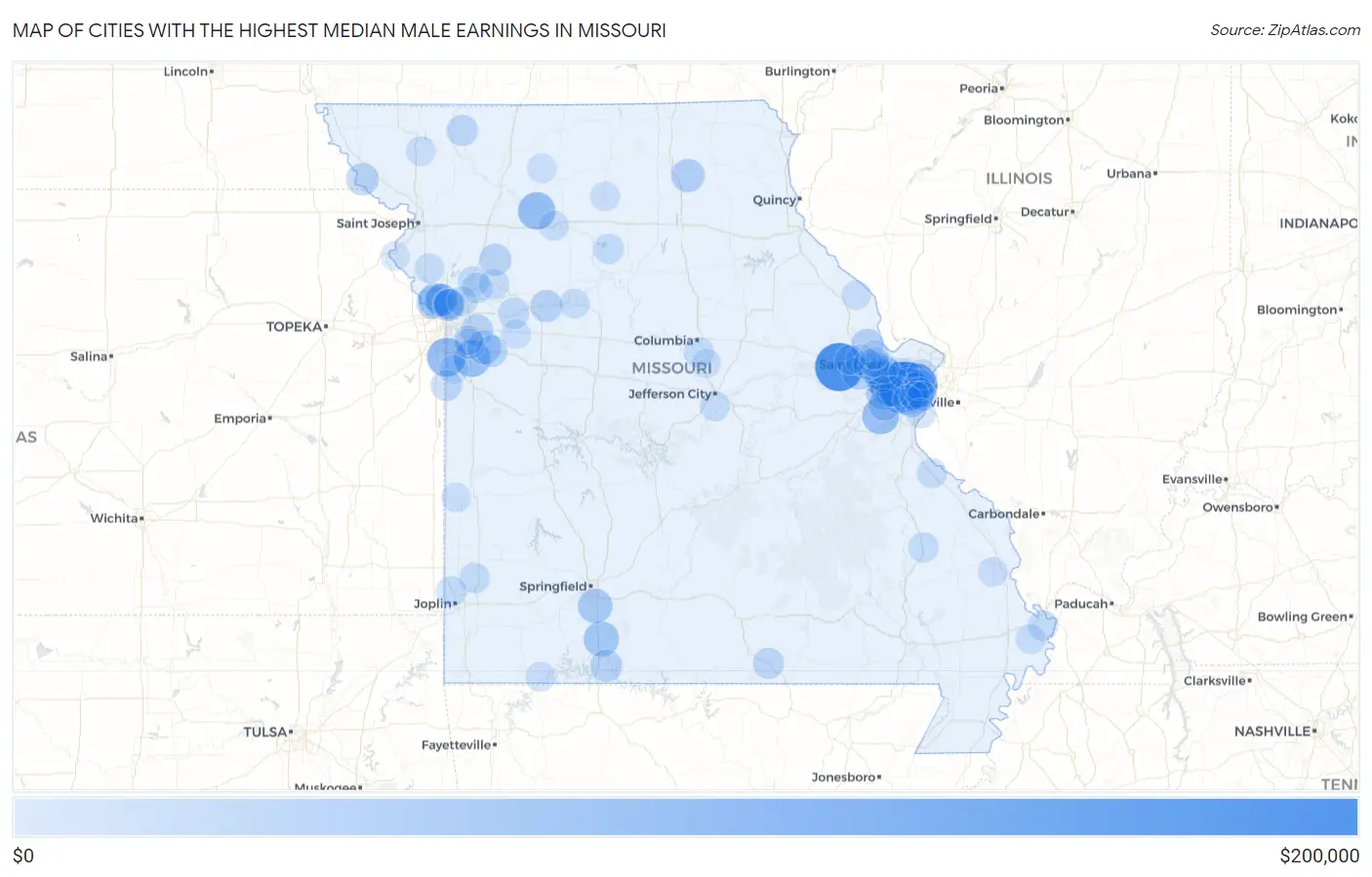 Cities with the Highest Median Male Earnings in Missouri Map