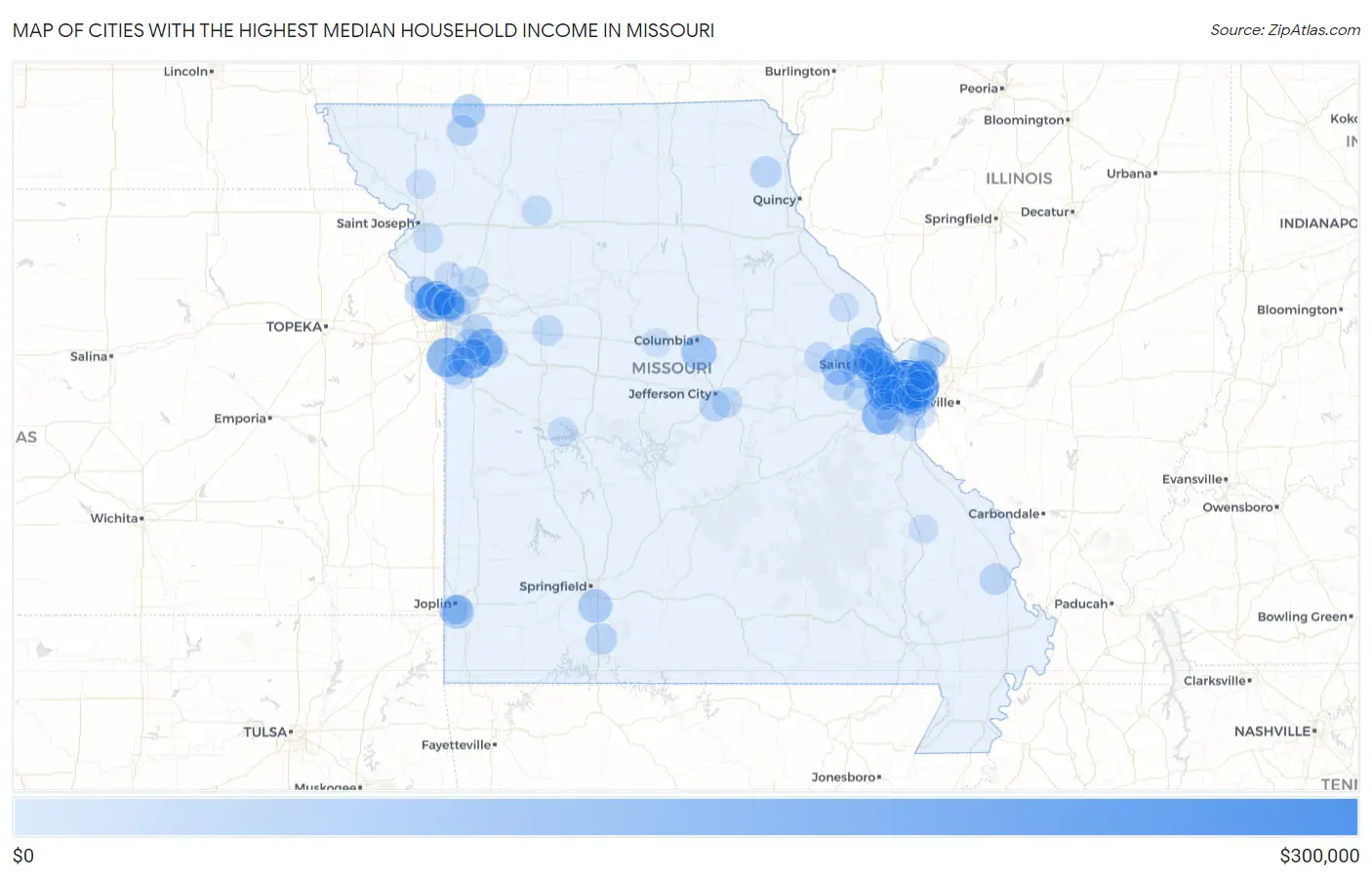 Cities with the Highest Median Household Income in Missouri Map
