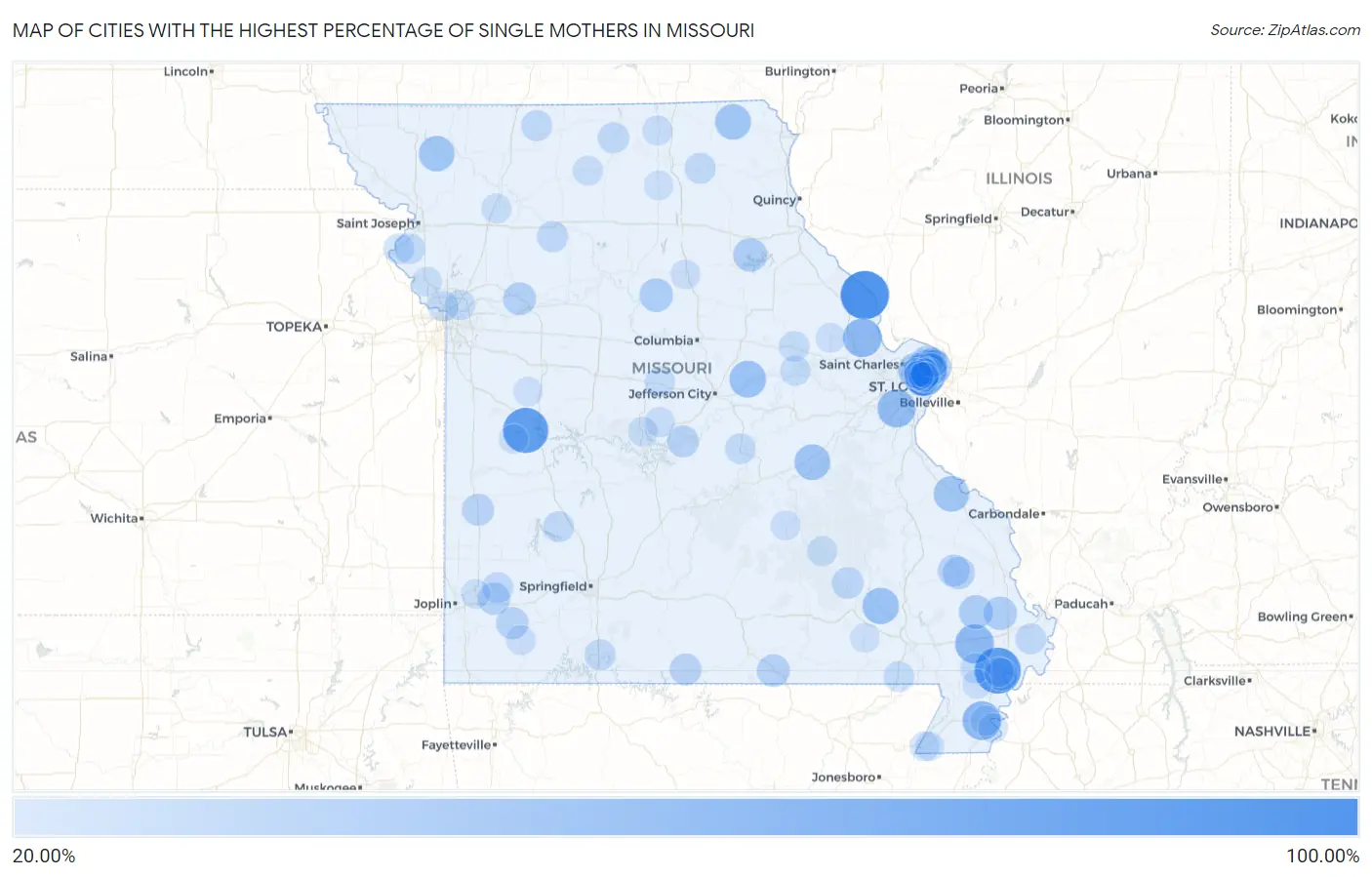 Cities with the Highest Percentage of Single Mothers in Missouri Map