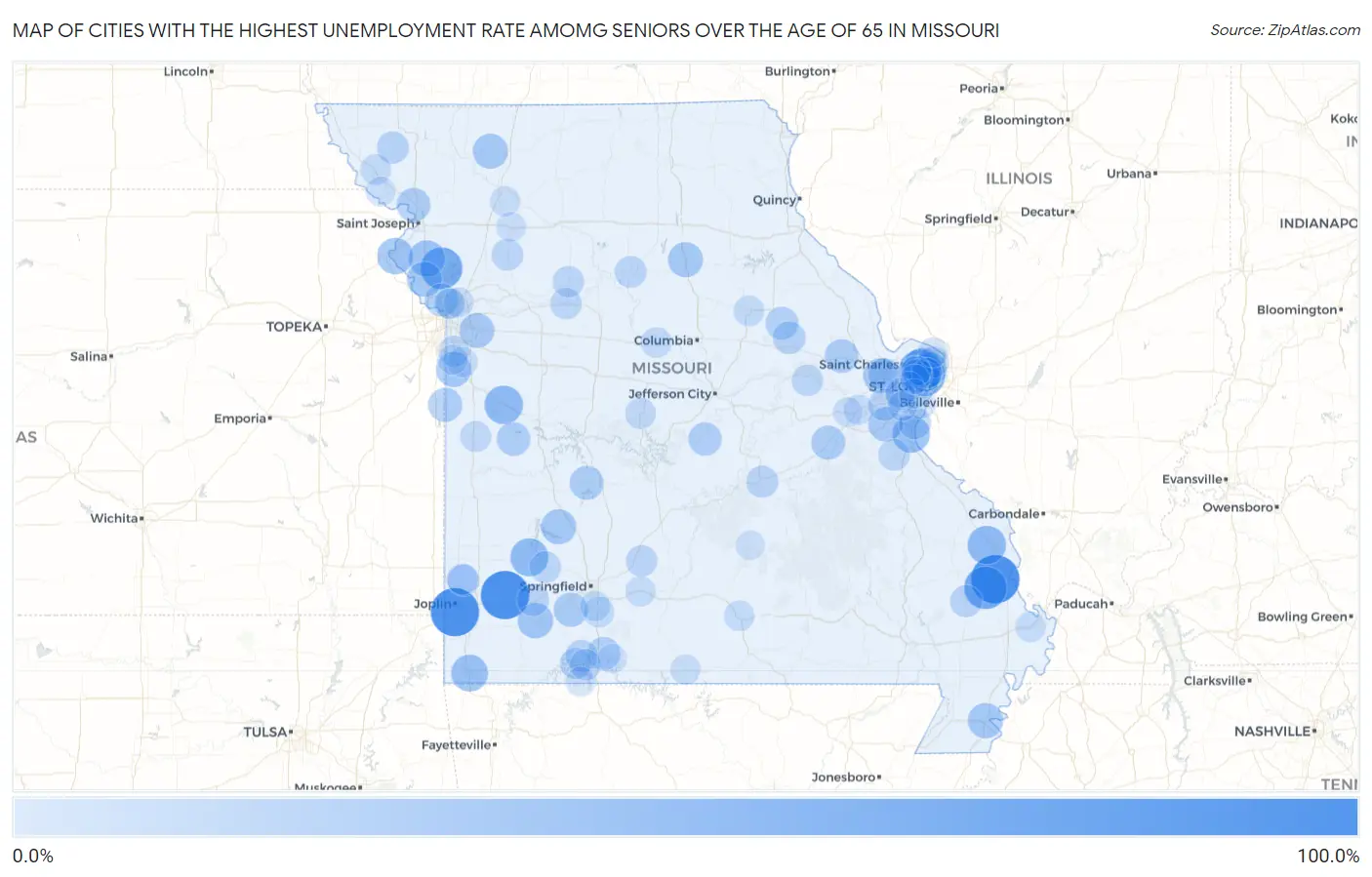 Cities with the Highest Unemployment Rate Amomg Seniors Over the Age of 65 in Missouri Map