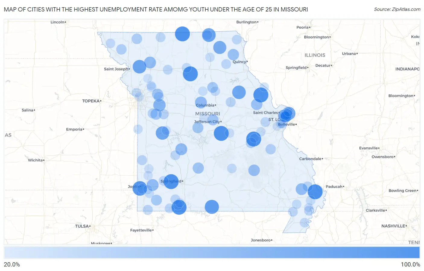 Cities with the Highest Unemployment Rate Amomg Youth Under the Age of 25 in Missouri Map