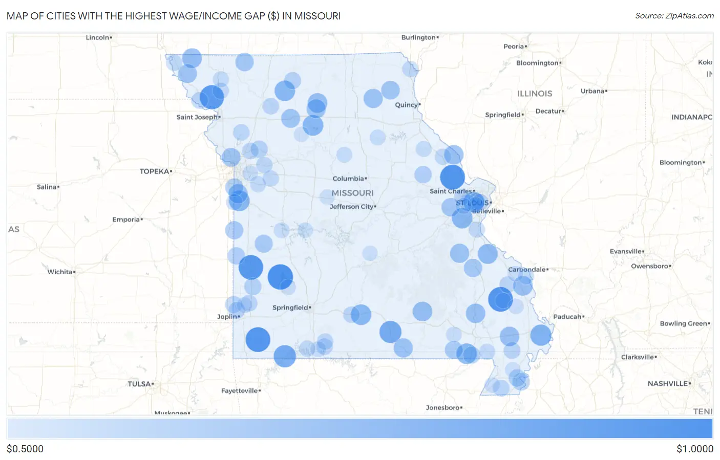 Cities with the Highest Wage/Income Gap ($) in Missouri Map