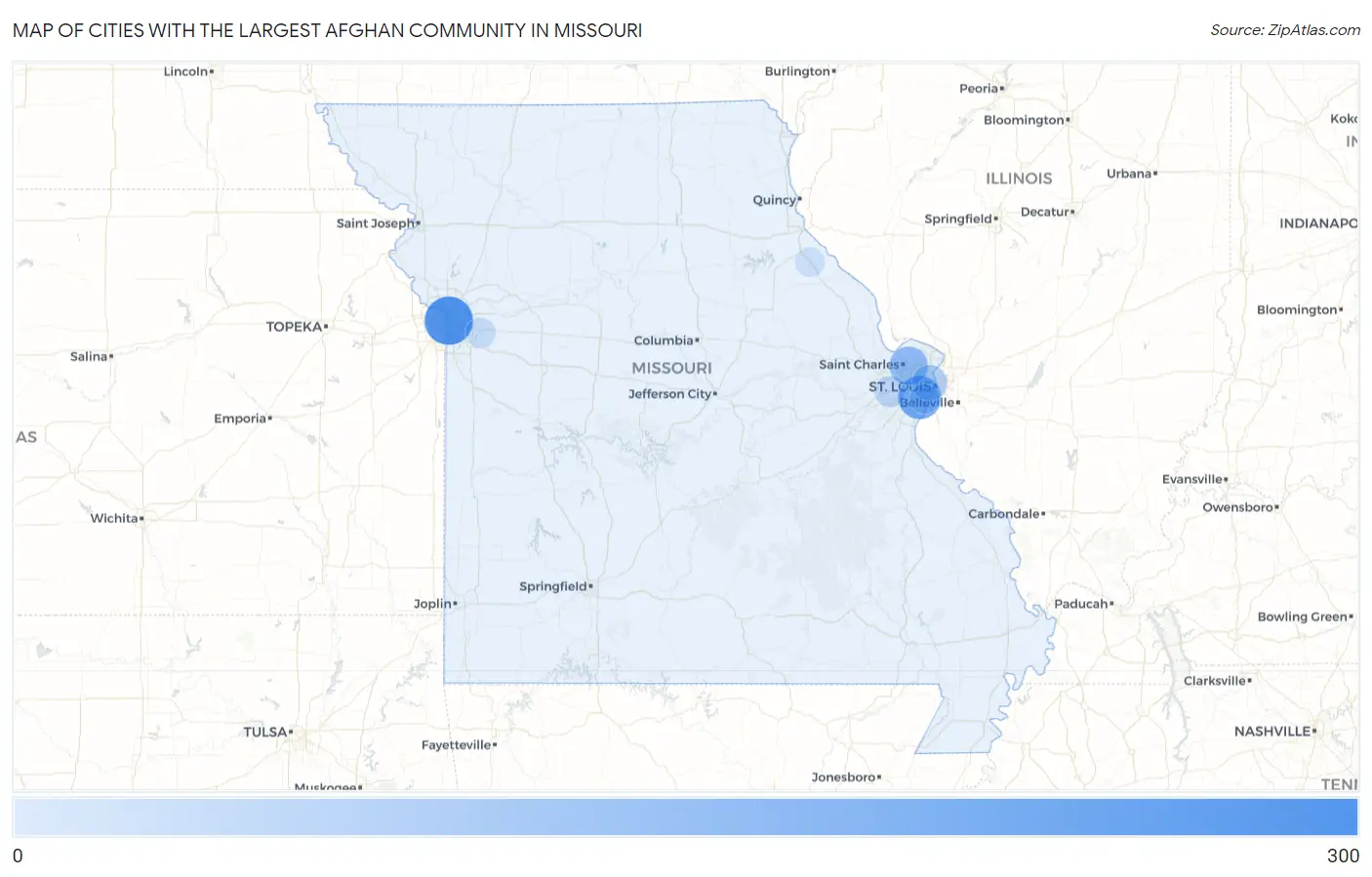Cities with the Largest Afghan Community in Missouri Map