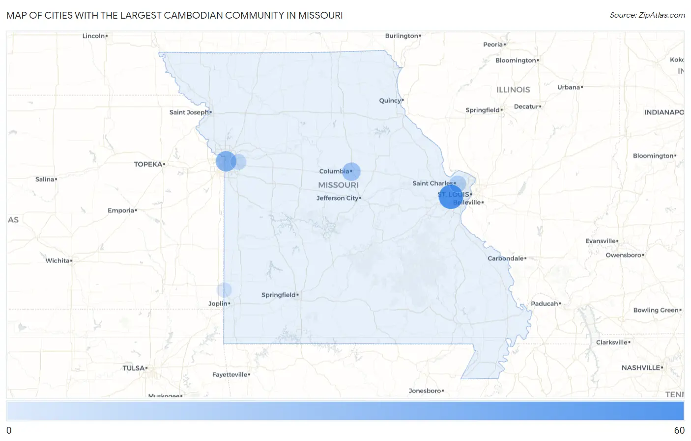 Cities with the Largest Cambodian Community in Missouri Map