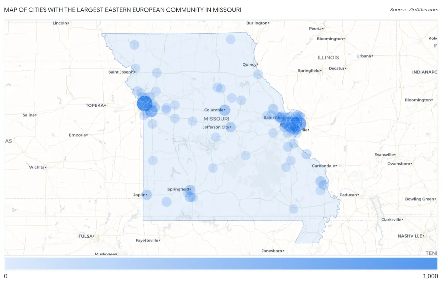 Cities with the Largest Eastern European Community in Missouri Map