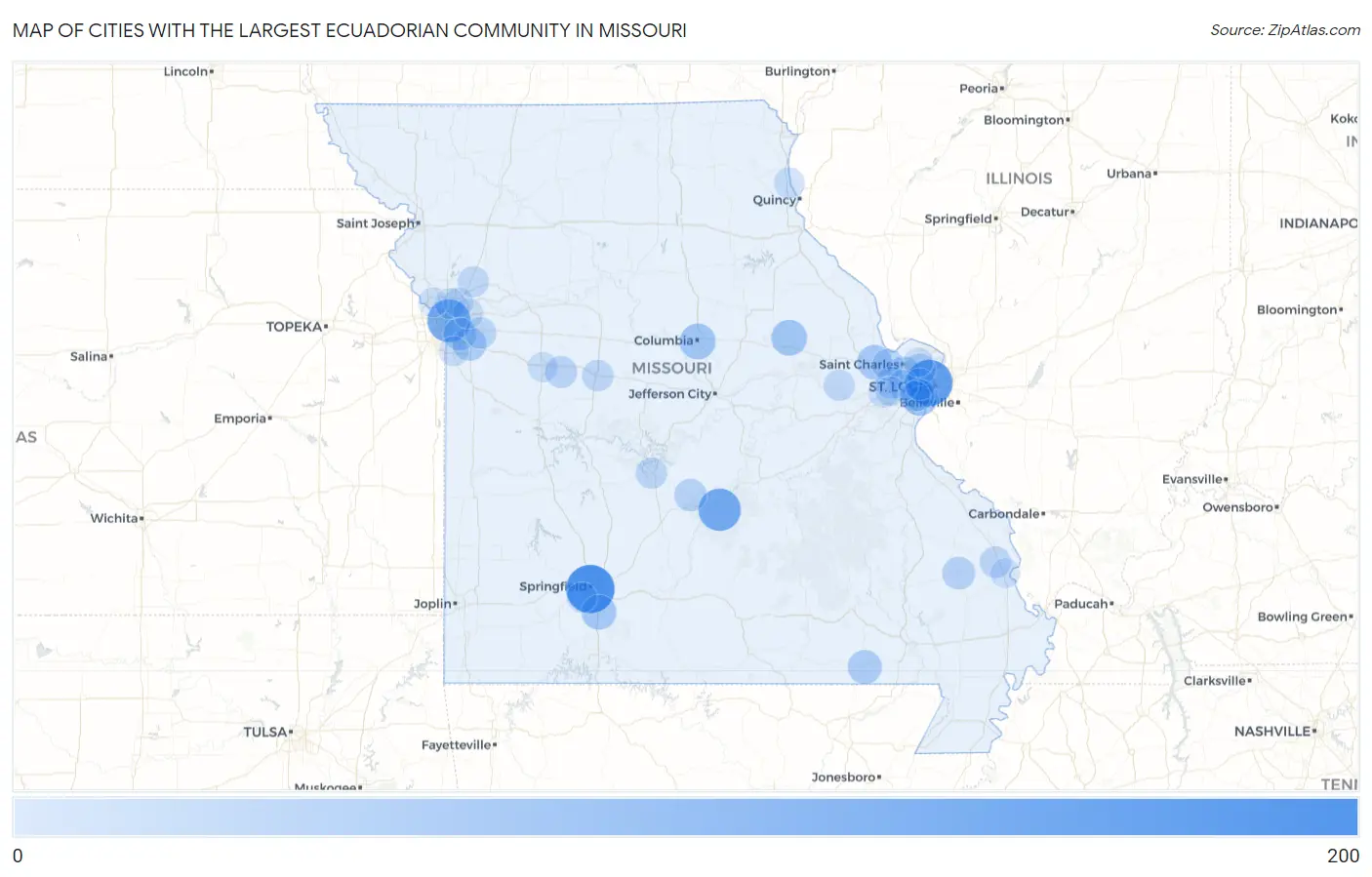 Cities with the Largest Ecuadorian Community in Missouri Map