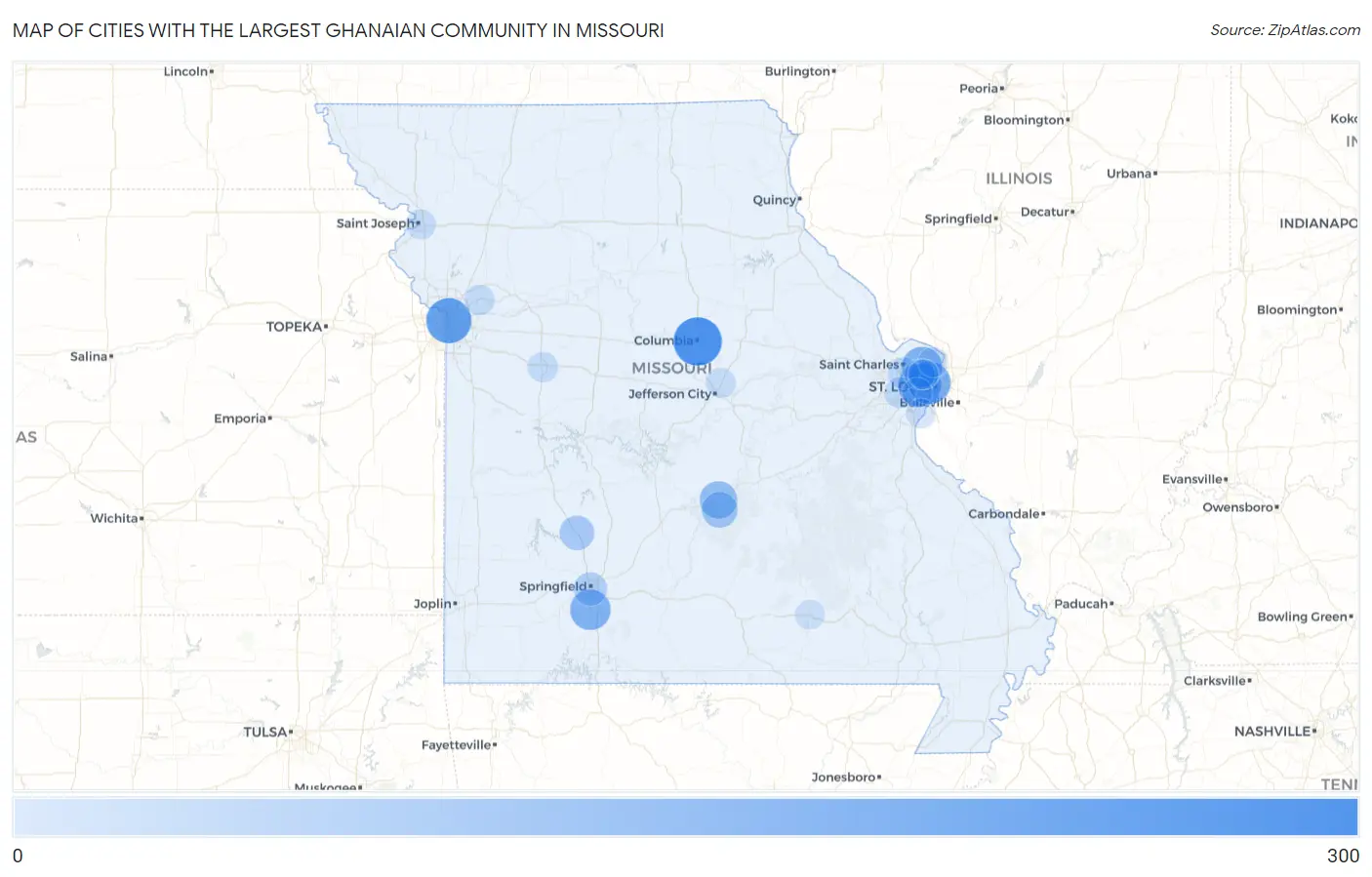 Cities with the Largest Ghanaian Community in Missouri Map