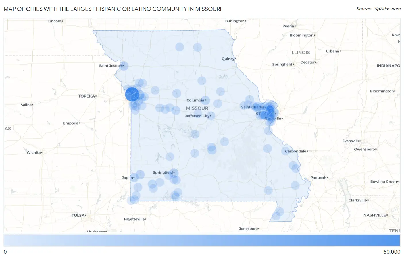 Cities with the Largest Hispanic or Latino Community in Missouri Map