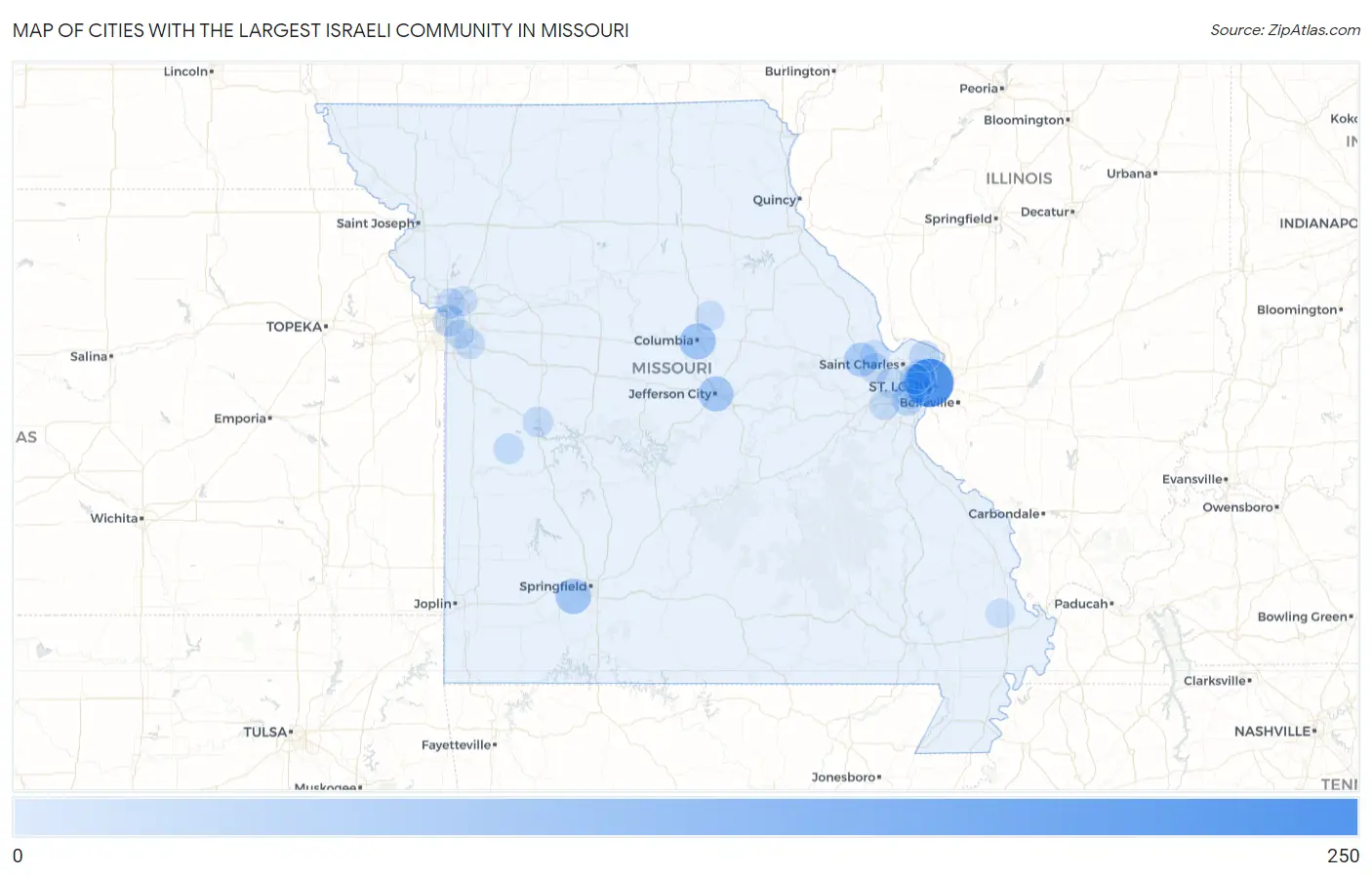 Cities with the Largest Israeli Community in Missouri Map
