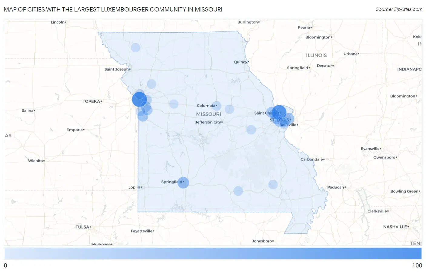 Cities with the Largest Luxembourger Community in Missouri Map