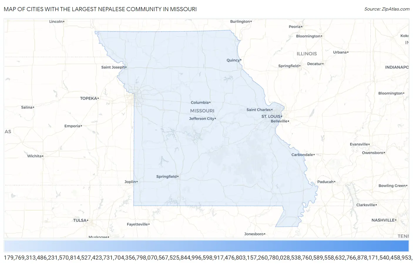 Cities with the Largest Nepalese Community in Missouri Map
