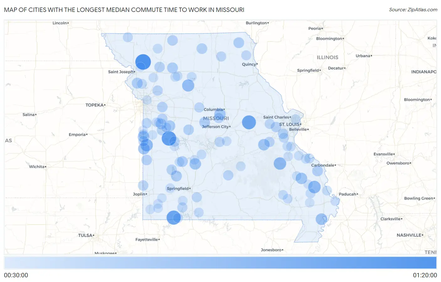 Cities with the Longest Median Commute Time to Work in Missouri Map