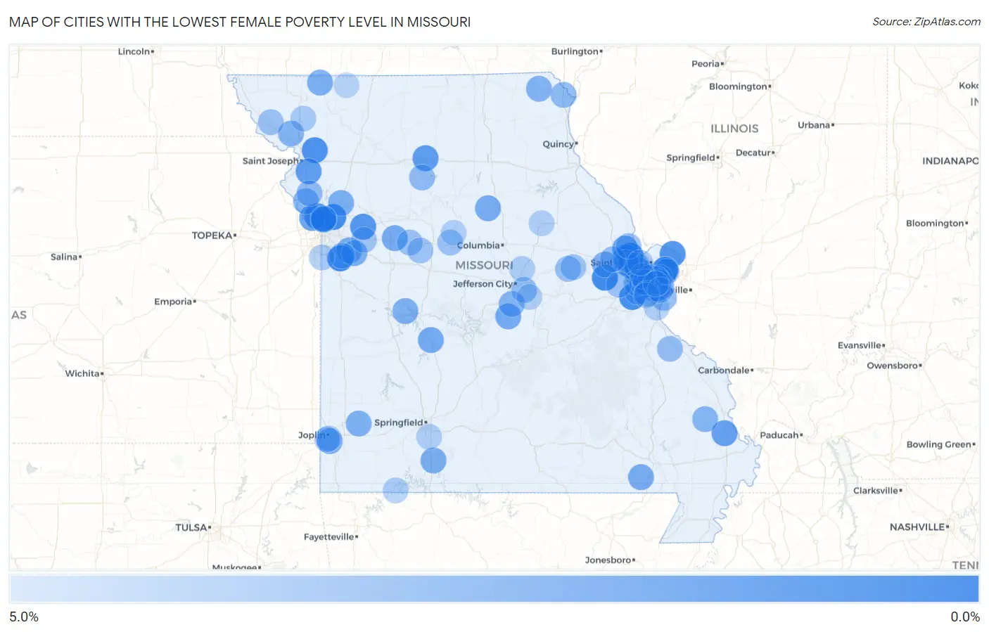 Cities with the Lowest Female Poverty Level in Missouri Map