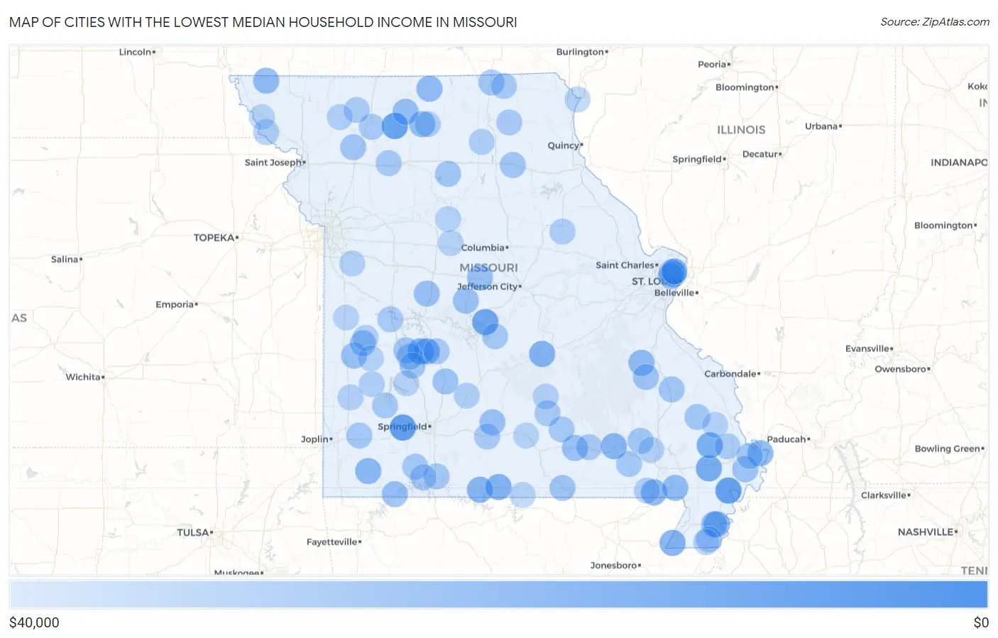 Cities with the Lowest Median Household Income in Missouri Map