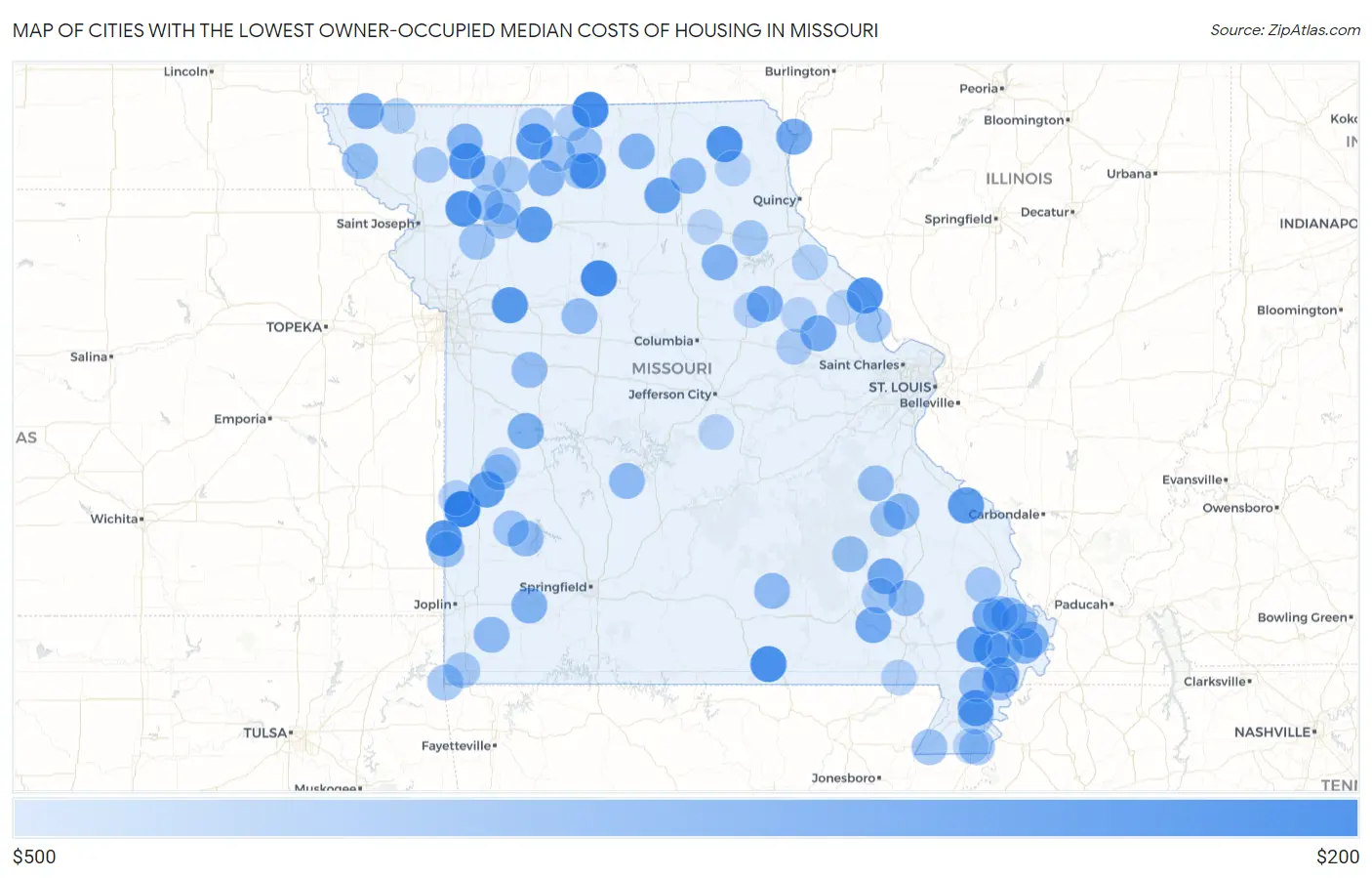 Cities with the Lowest Owner-Occupied Median Costs of Housing in Missouri Map
