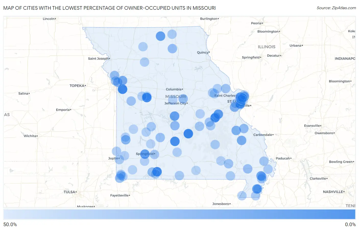Cities with the Lowest Percentage of Owner-Occupied Units in Missouri Map