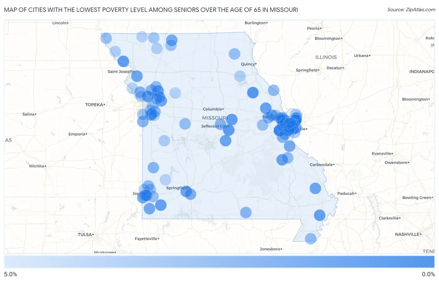 Cities with the Lowest Poverty Level Among Seniors Over the Age of 65 in Missouri Map