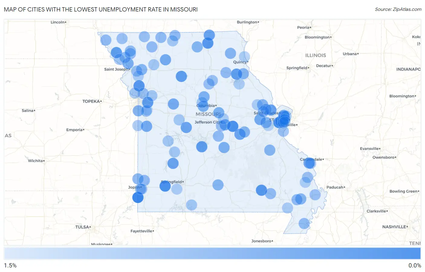 Cities with the Lowest Unemployment Rate in Missouri Map