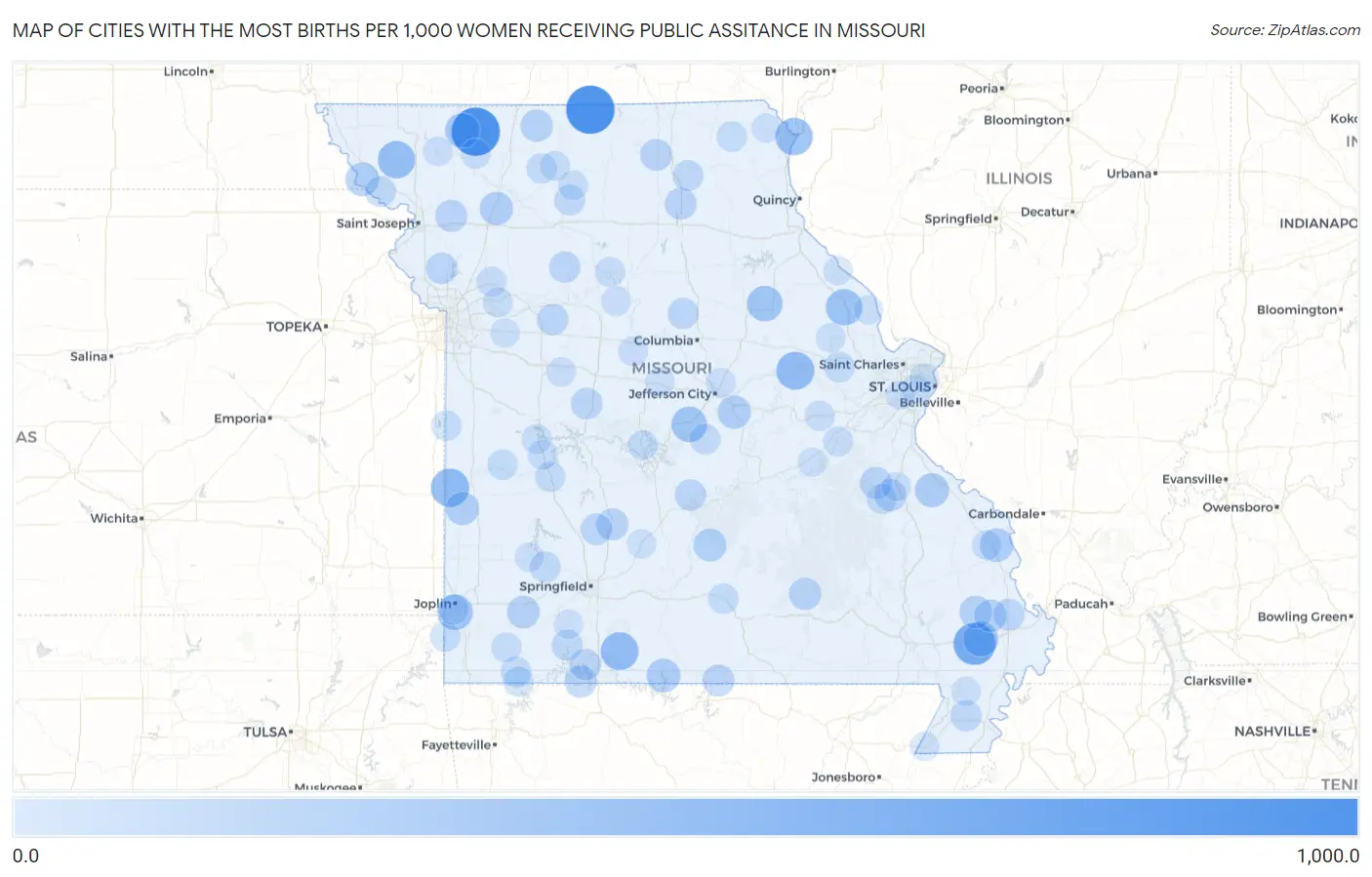 Cities with the Most Births per 1,000 Women Receiving Public Assitance in Missouri Map